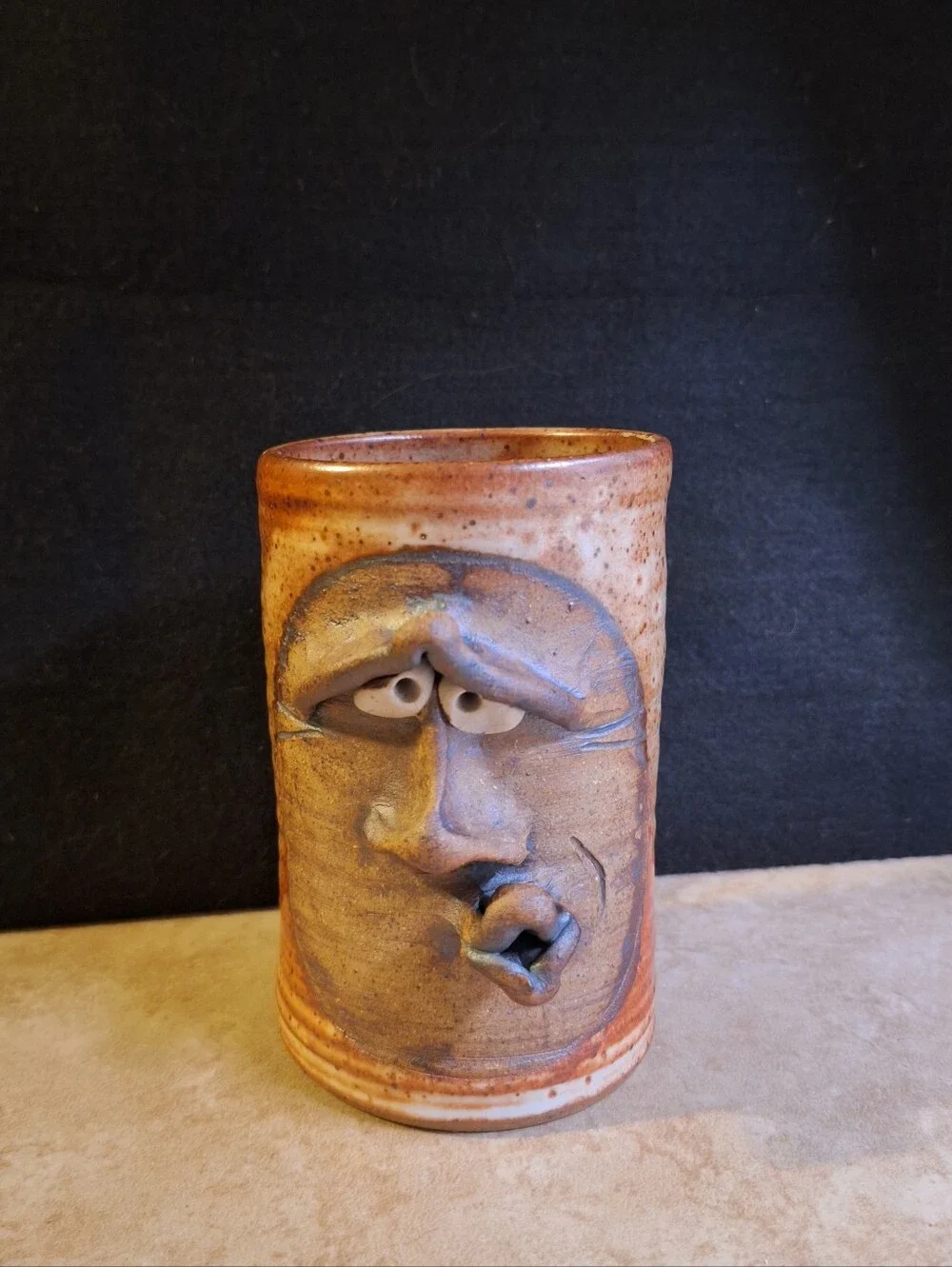 Signed Vintage Goofy Face Mug Handmade Pottery Stoneware Brown Glaze Ceramic